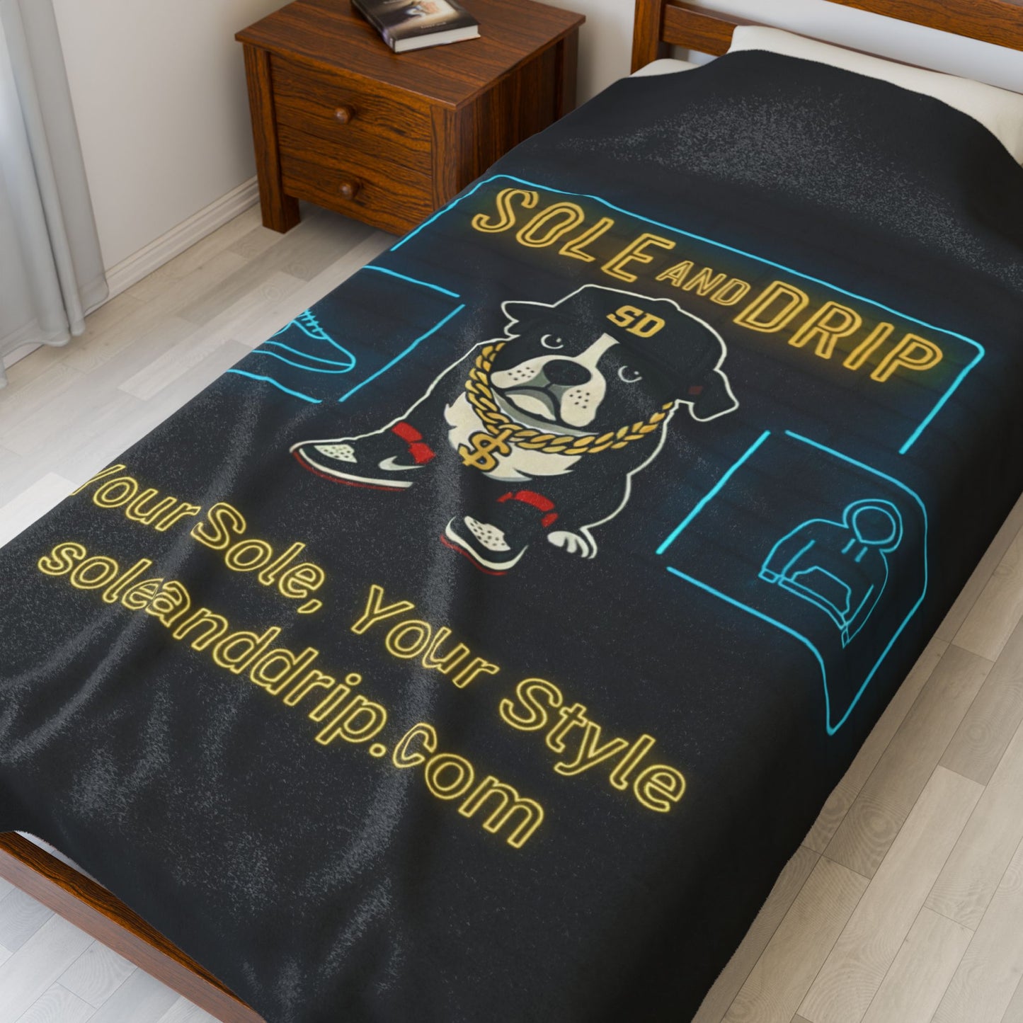 Velveteen Plush Blanket — 'Sole and Drip' Neon Rocco Logo Cozy Throw