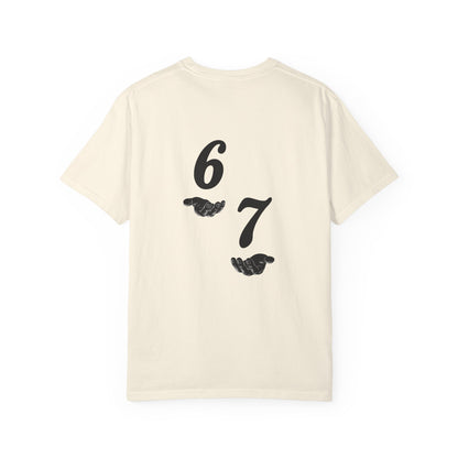 Six Seven T-Shirt — Vintage Script Graphic Tee (Front Text & Back 6·7 Design)
