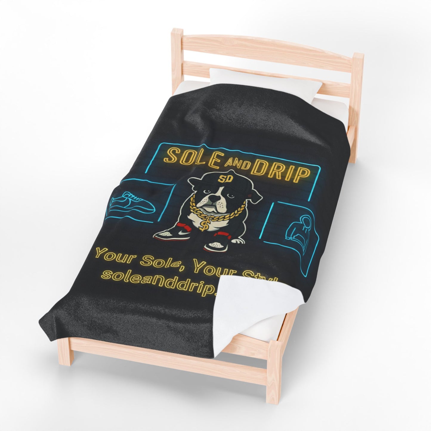 Velveteen Plush Blanket — 'Sole and Drip' Neon Rocco Logo Cozy Throw