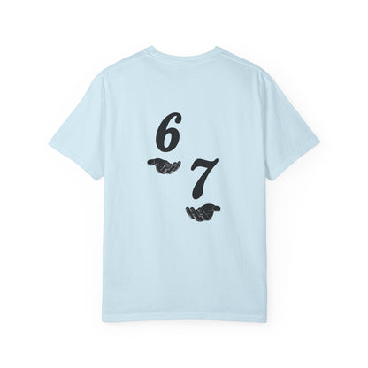 Six Seven T-Shirt — Vintage Script Graphic Tee (Front Text & Back 6·7 Design)