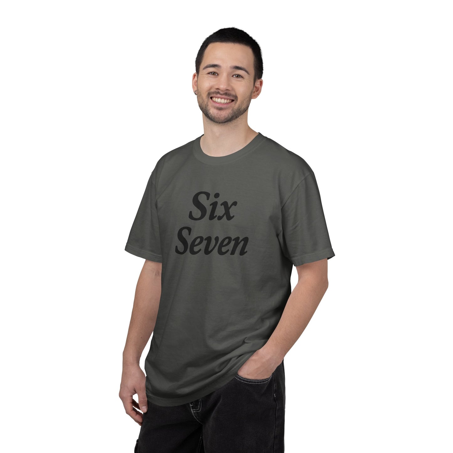 Six Seven T-Shirt — Vintage Script Graphic Tee (Front Text & Back 6·7 Design)