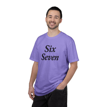 Six Seven T-Shirt — Vintage Script Graphic Tee (Front Text & Back 6·7 Design)