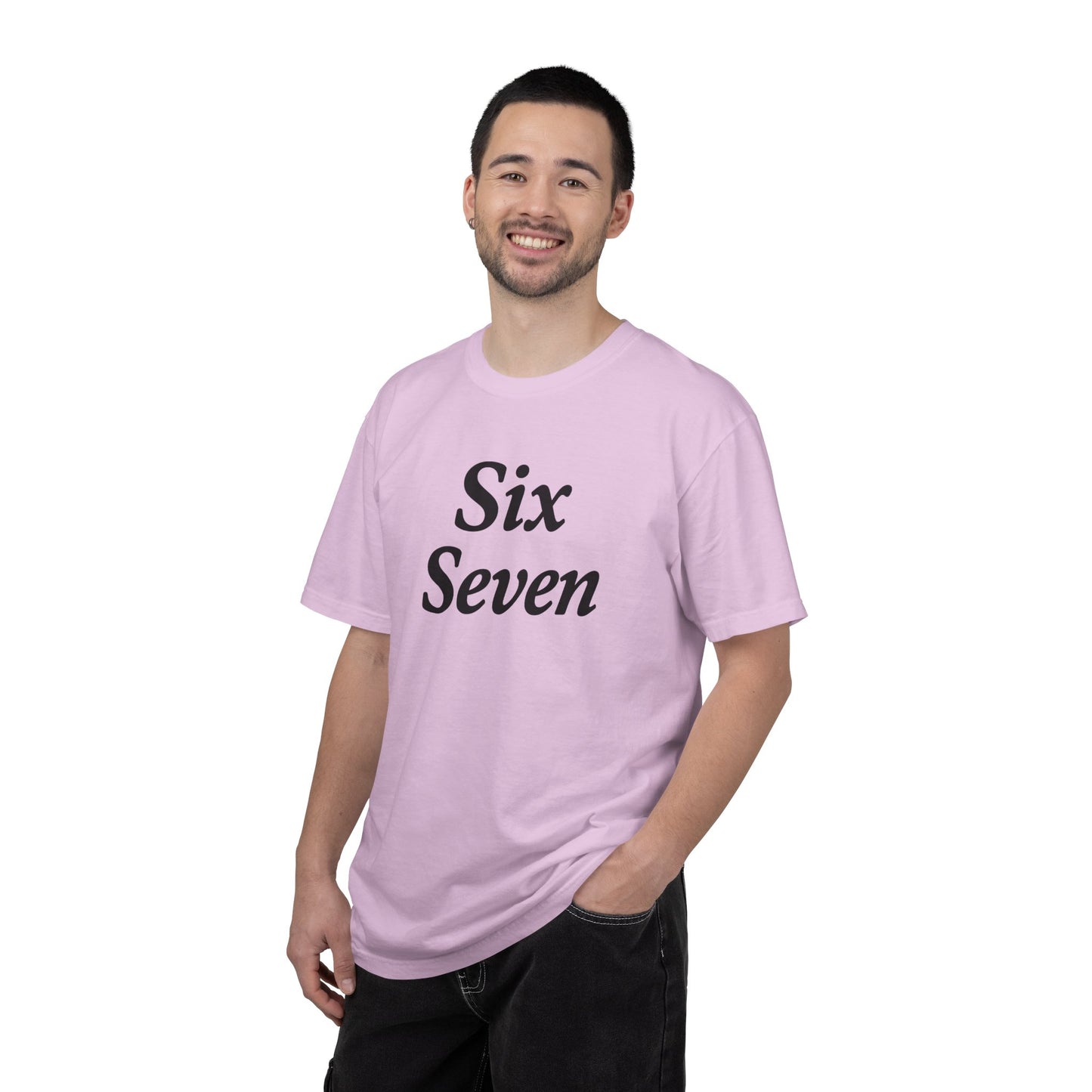 Six Seven T-Shirt — Vintage Script Graphic Tee (Front Text & Back 6·7 Design)